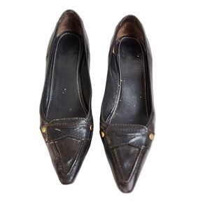 Vintage Brown Leather Kitten Heel Women's Driving Car Shoes Size 38